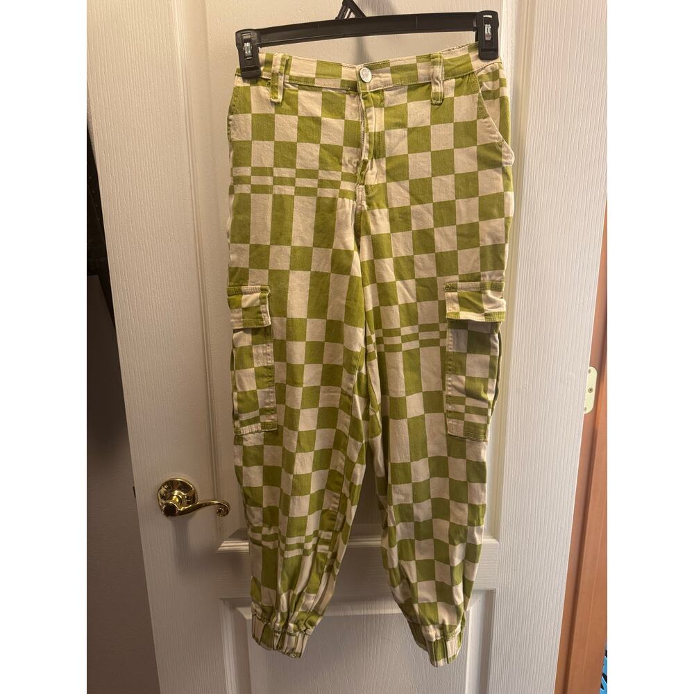 Green and Cream Checkered Cargo Joggers Size S